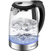 Glass electric kettle with water boiling inside, brand 'Cosori' visible